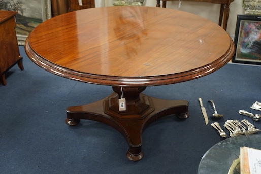 An early Victorian mahogany circular tilt top breakfast table, on octagonal column, diameter 136cm, height 74cm